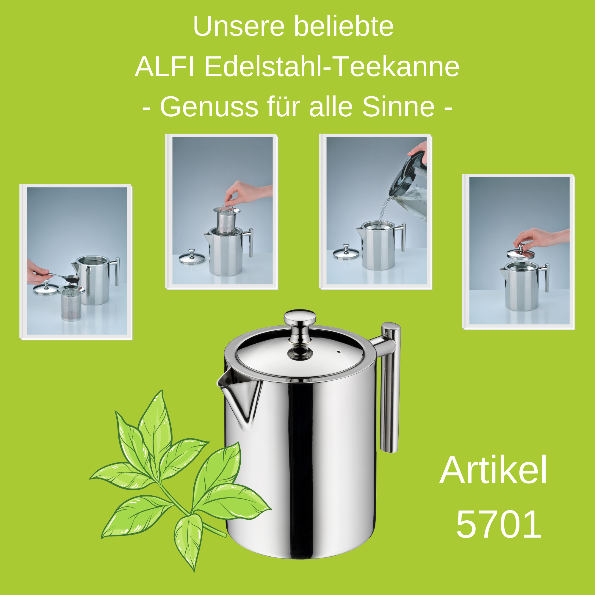 5701 – ALFI Teekanne - – Edelstahl – 1,3 ltr. Teehaus mit Janssen Sieb Ernst